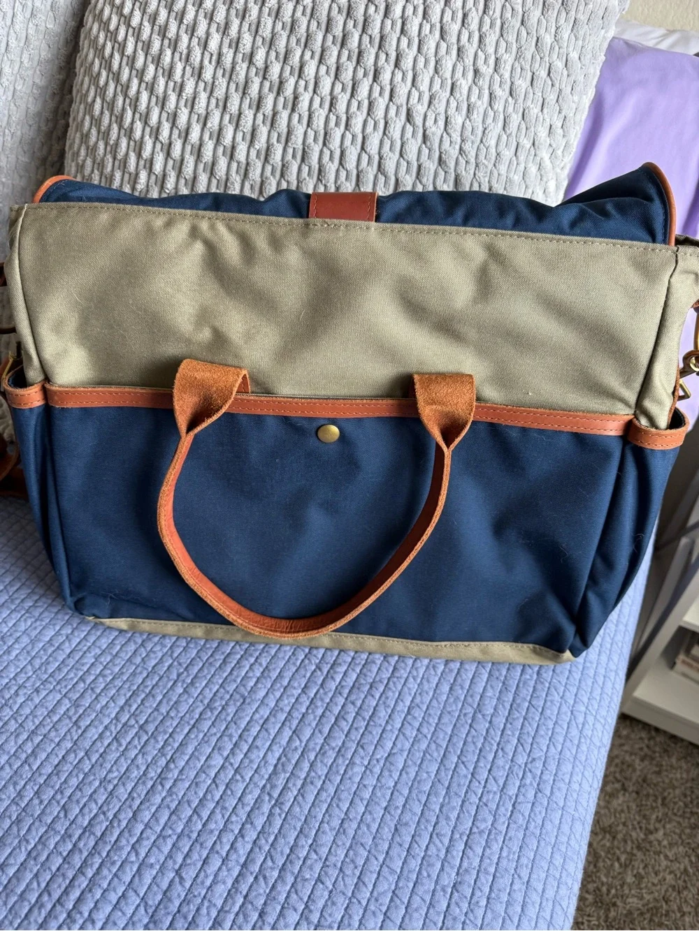 Sword & Plough USA Canvas & Leather Briefcase Messenger Bag Blue Tan